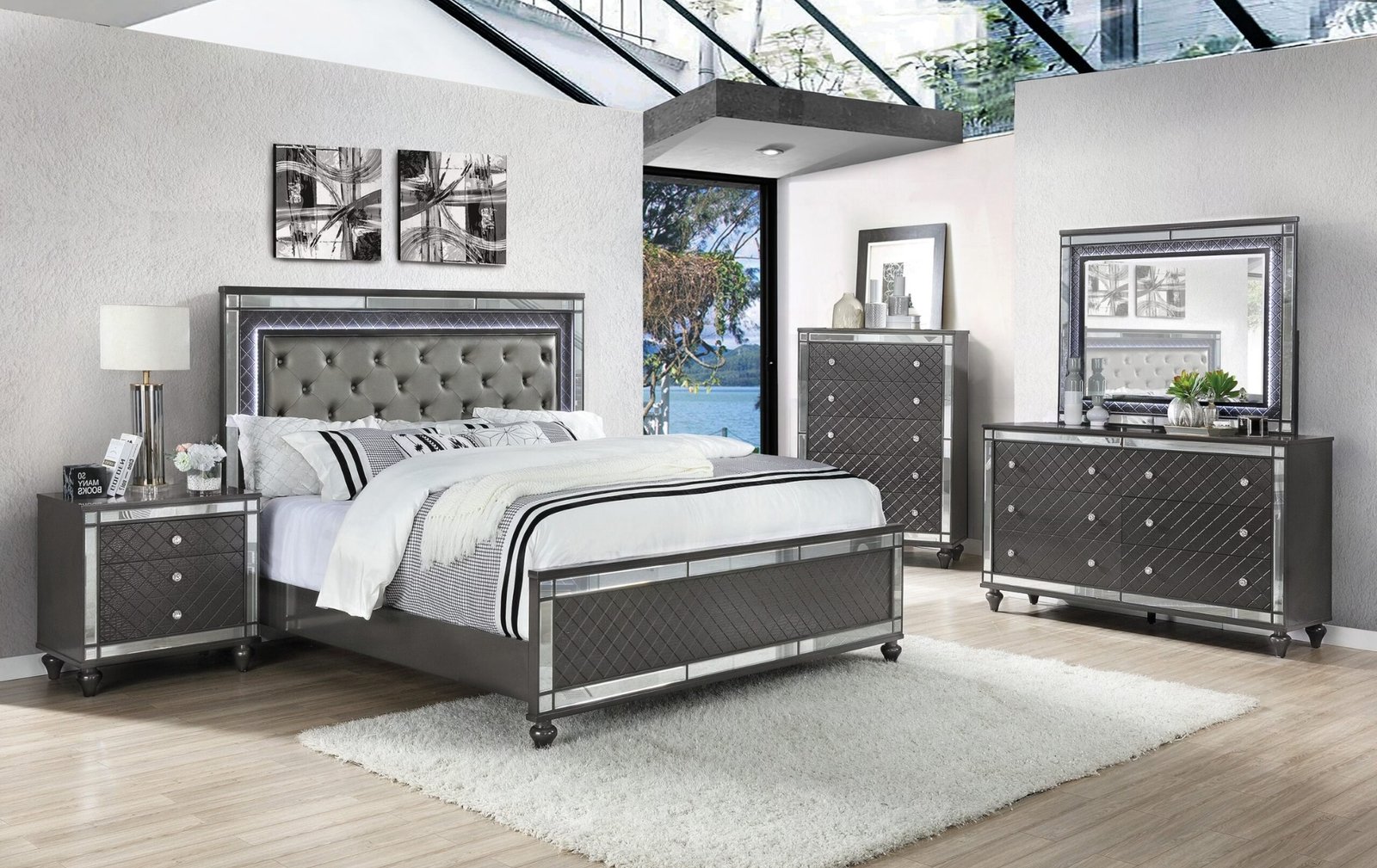 Refino Gray LED Upholstered Panel Queen Bedroom Set