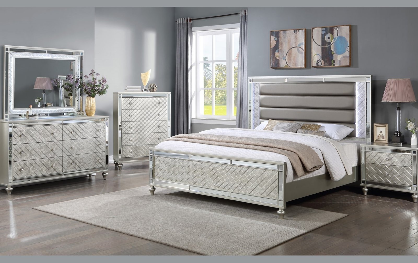 Cristian Champagne LED Upholstered Panel Queen Bedroom Set