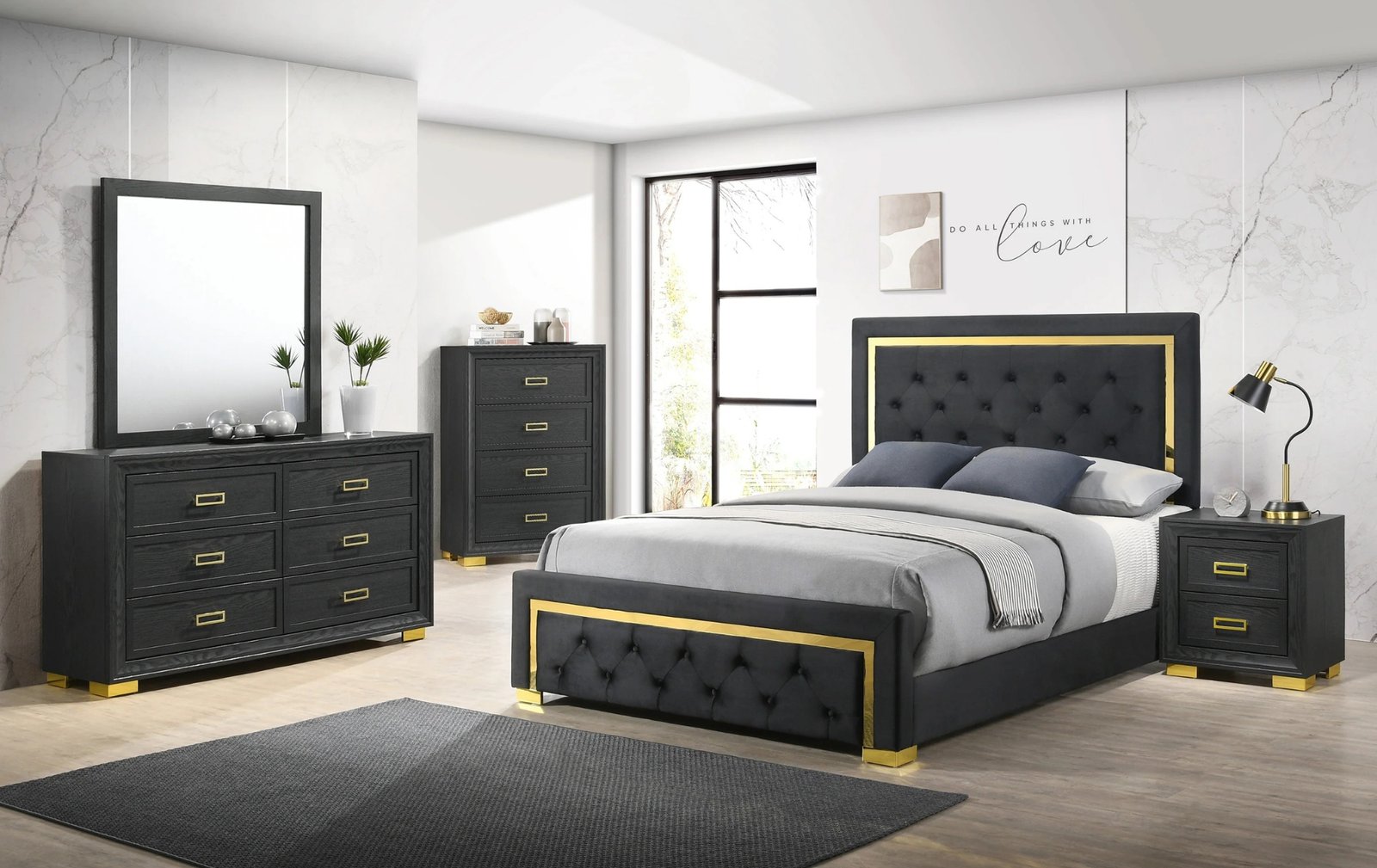Pepe Black-Gold Panel Upholstered Queen Bedroom Set