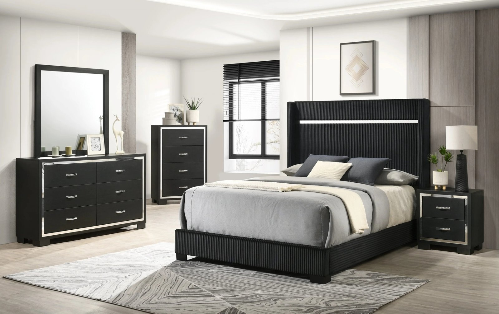 Gennro Black Corduroy Upholstered Panel Queen Bedroom Set