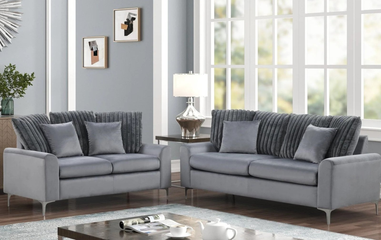 Elina Grey Velvet Sofa Loveseat