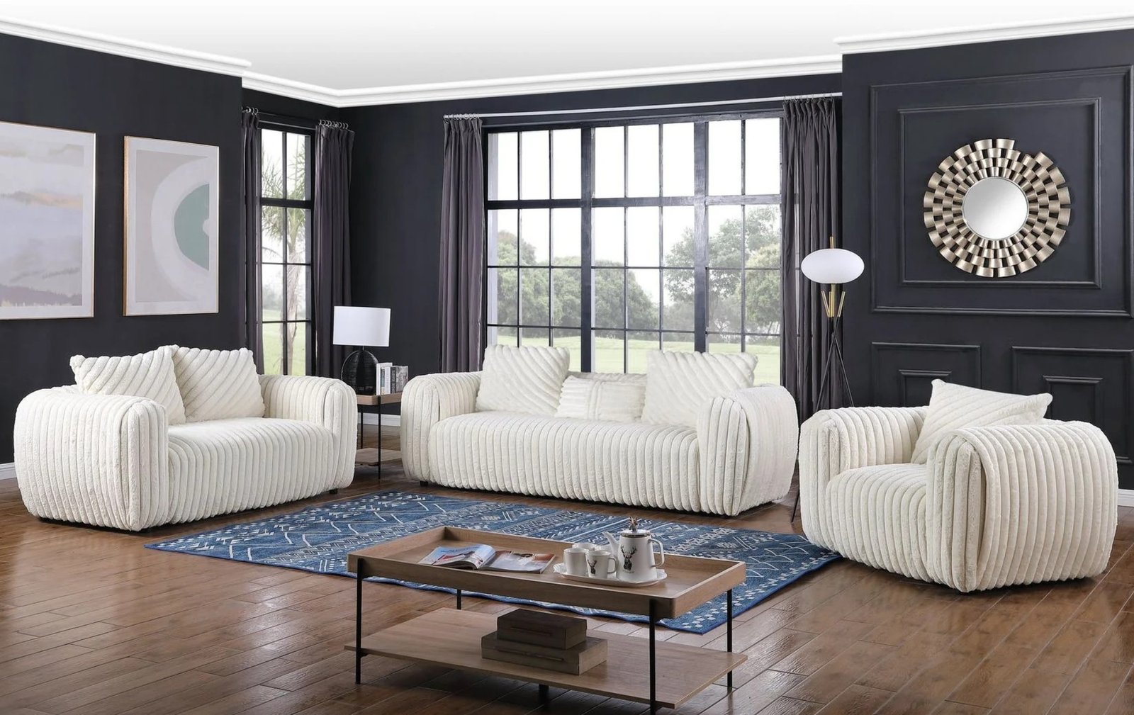 Eli White Stripe Fabric Sofa and Loveseat