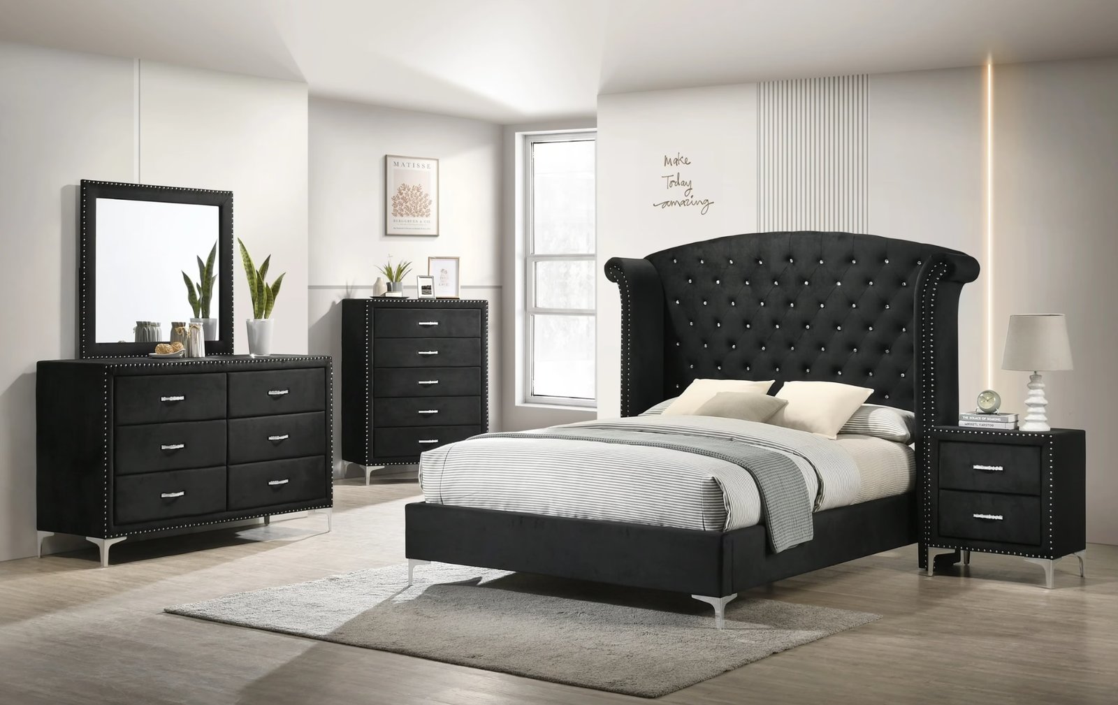 Lucinda Black Upholstered Wingback Panel Bedroom Set