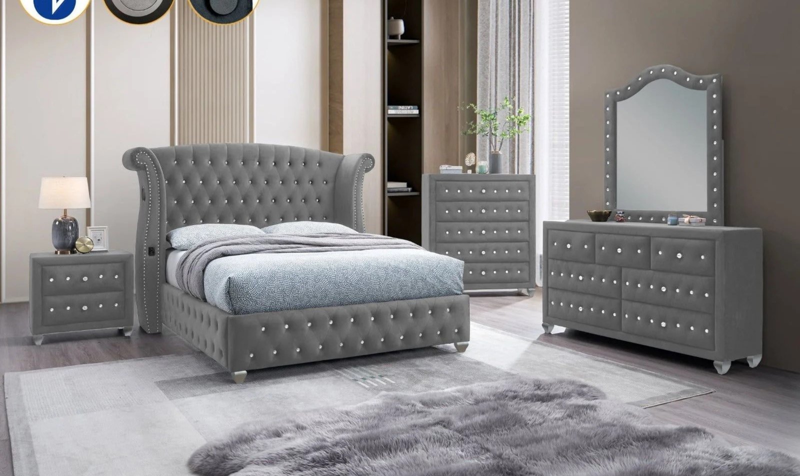 Divina Grey Velvet Queen Platform Bedroom Set
