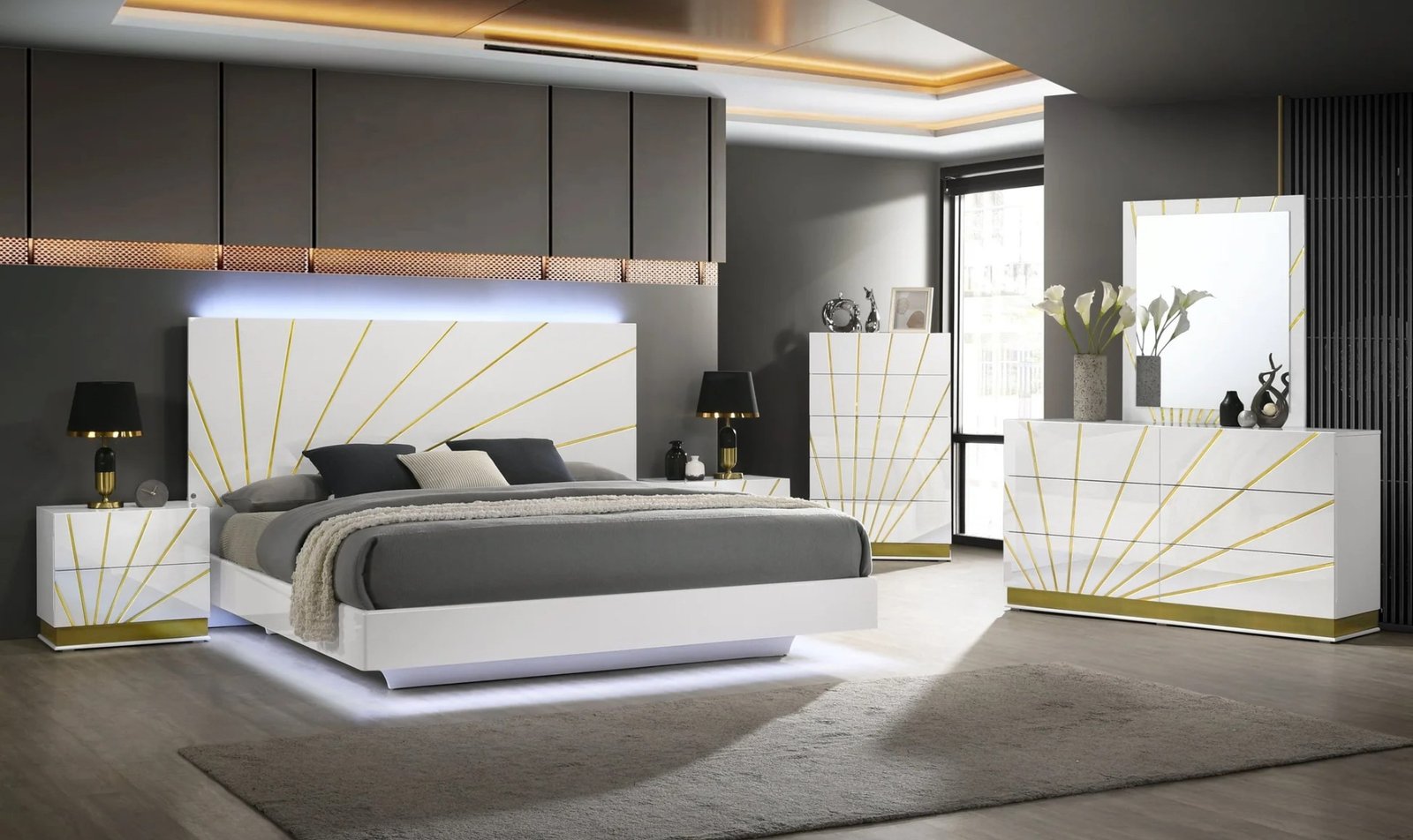 Safa White Gold Queen Bedroom Set