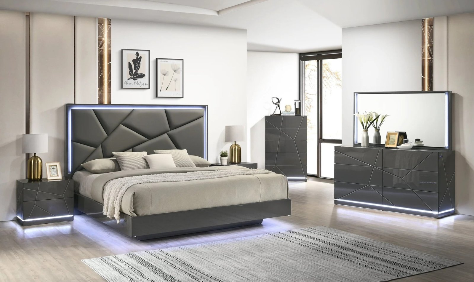 Lily Grey High gloss Queen Bedroom Set