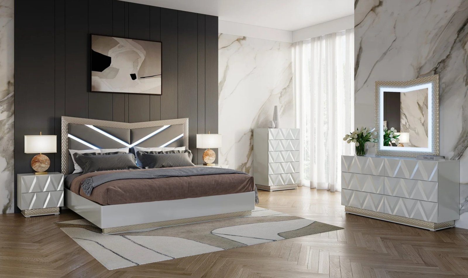 Vera Grey High Gloss Queen Bedroom Set