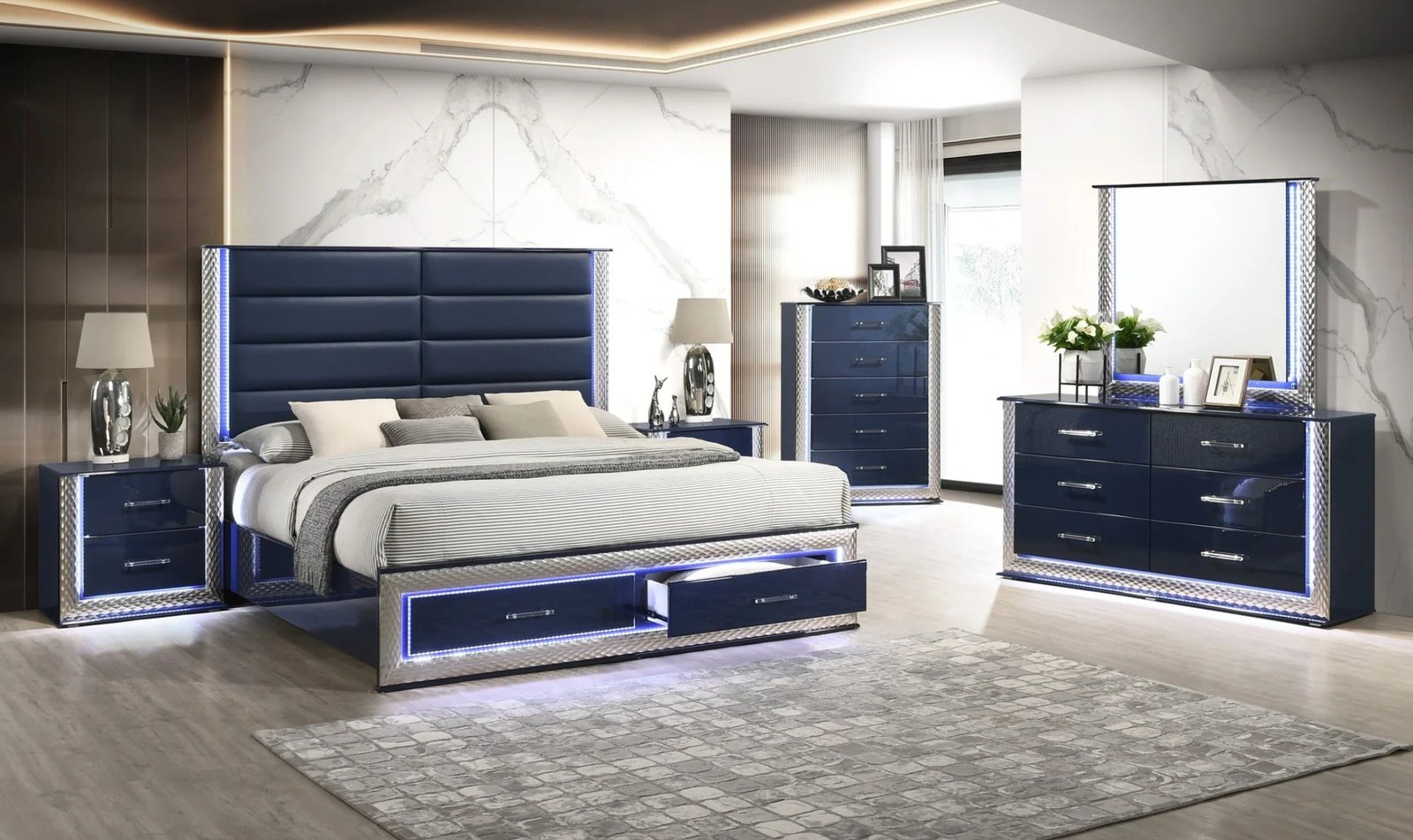 Aya LED Dark Navy Queen Bedroom Set