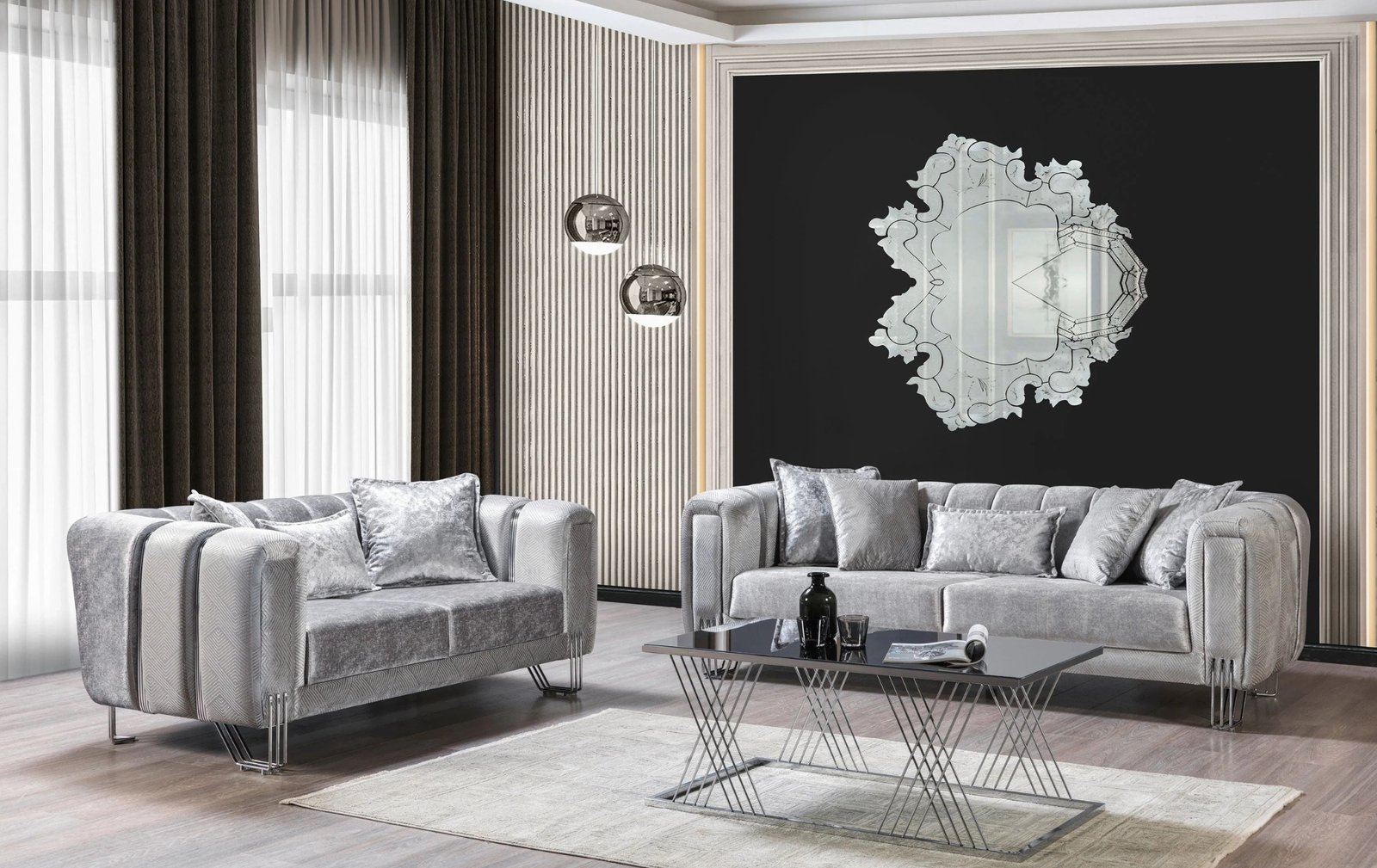 Santana Silver Velvet Sofa  & Loveseat
