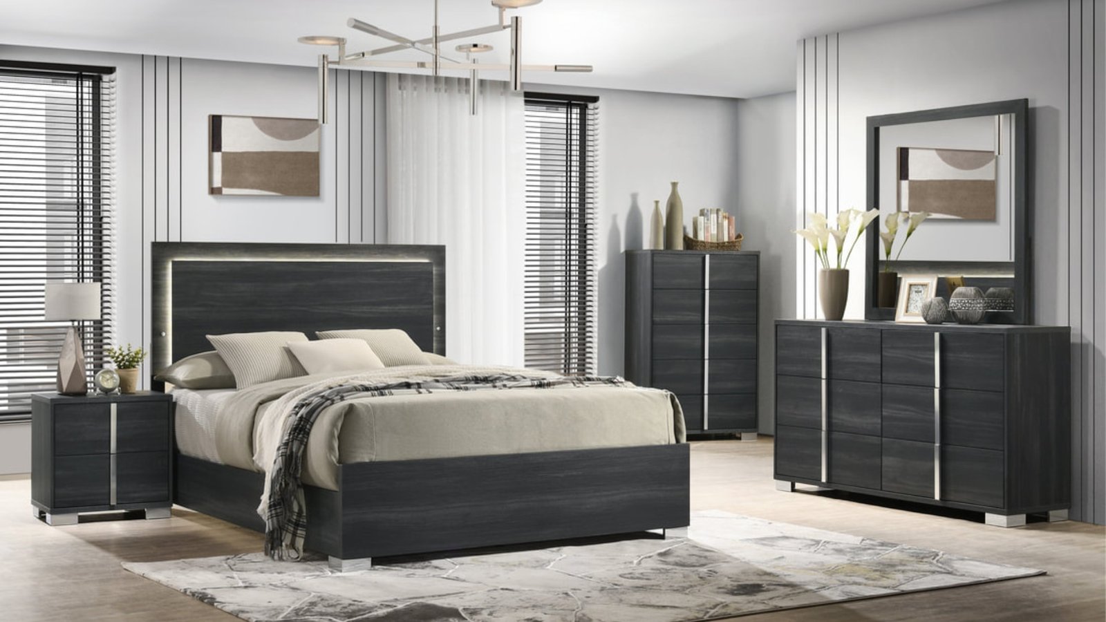 Modern Dark Grey LED Queen bedroom Set