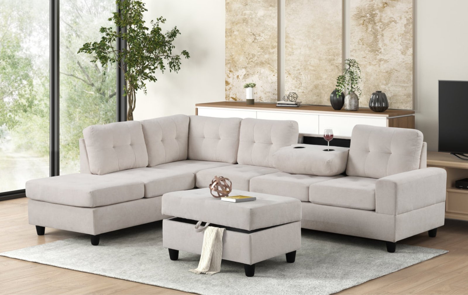 Heights Biege Reversible Sectional W/ Ottoman