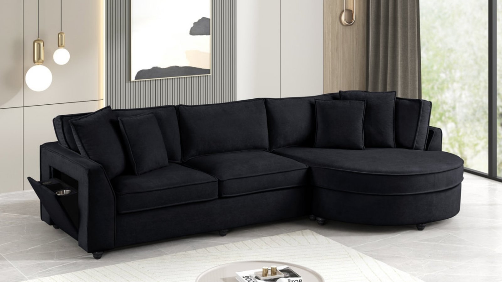 Elva Black Sectional W/ Reversible Chaise