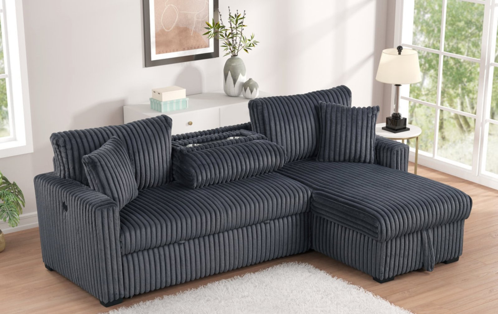 Aria Black Sectional W/Storage Chaise & Pull Out Bed