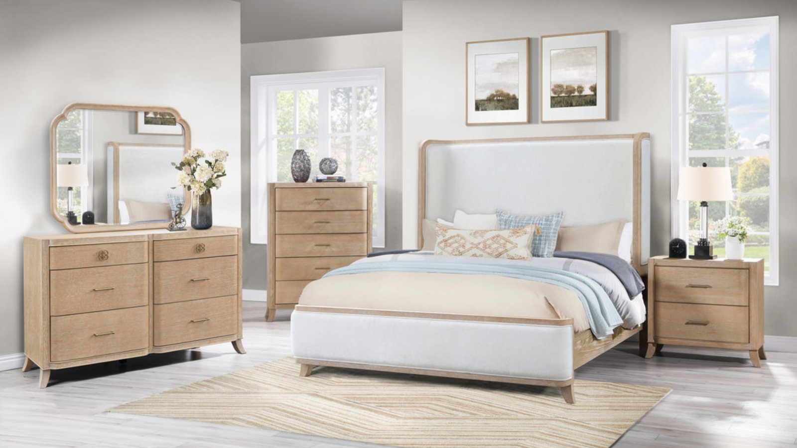 Light Wood Upholstered Queen Bedroom Set