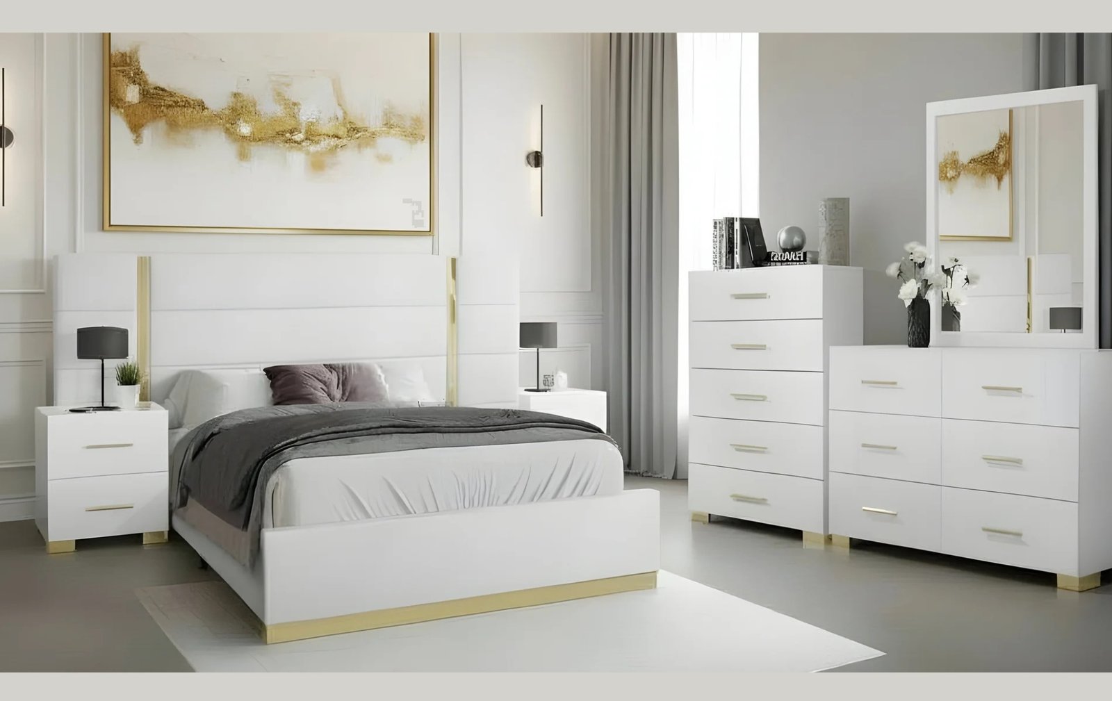 Avery Modern White and Gold Queen Bedroom Set