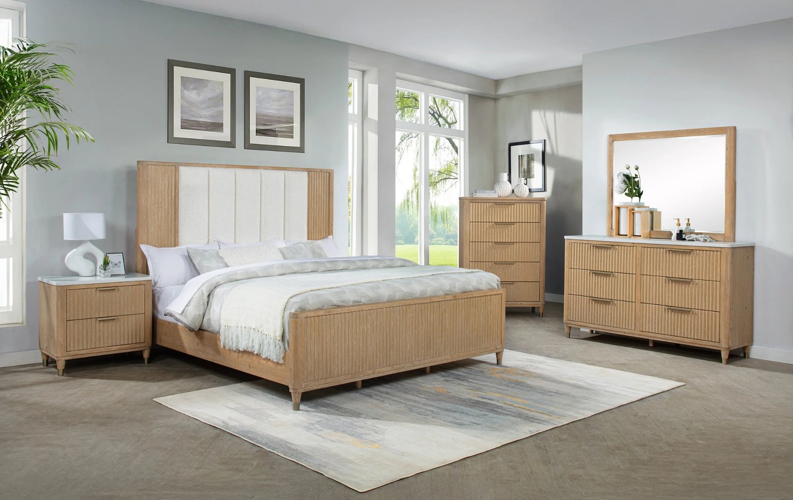 Kara Natural Oak Fluted Upholstered Queen Bedroom Set