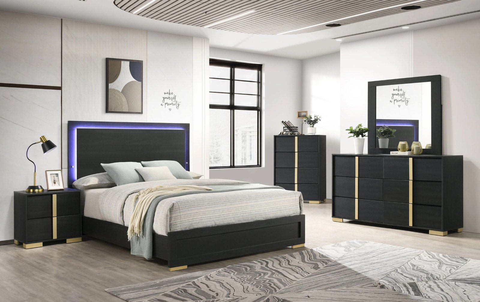 Modern Queen Bedroom Set with LED Headboard