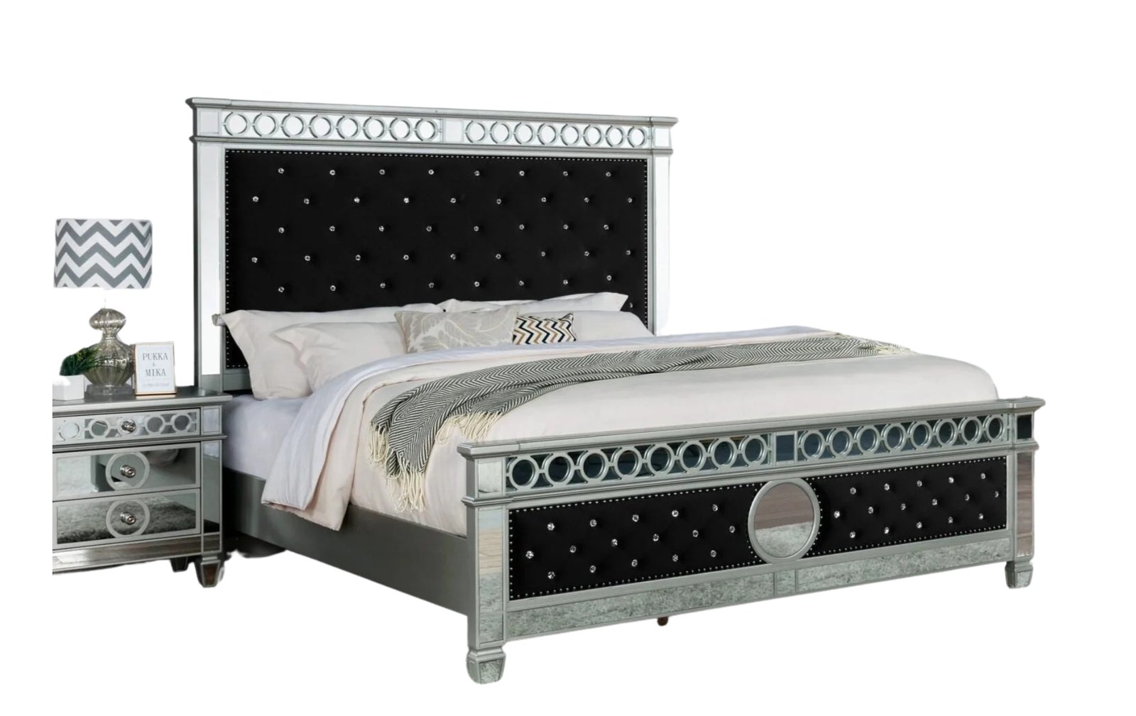Bella Silver Mirrored Black Velvet King Bed