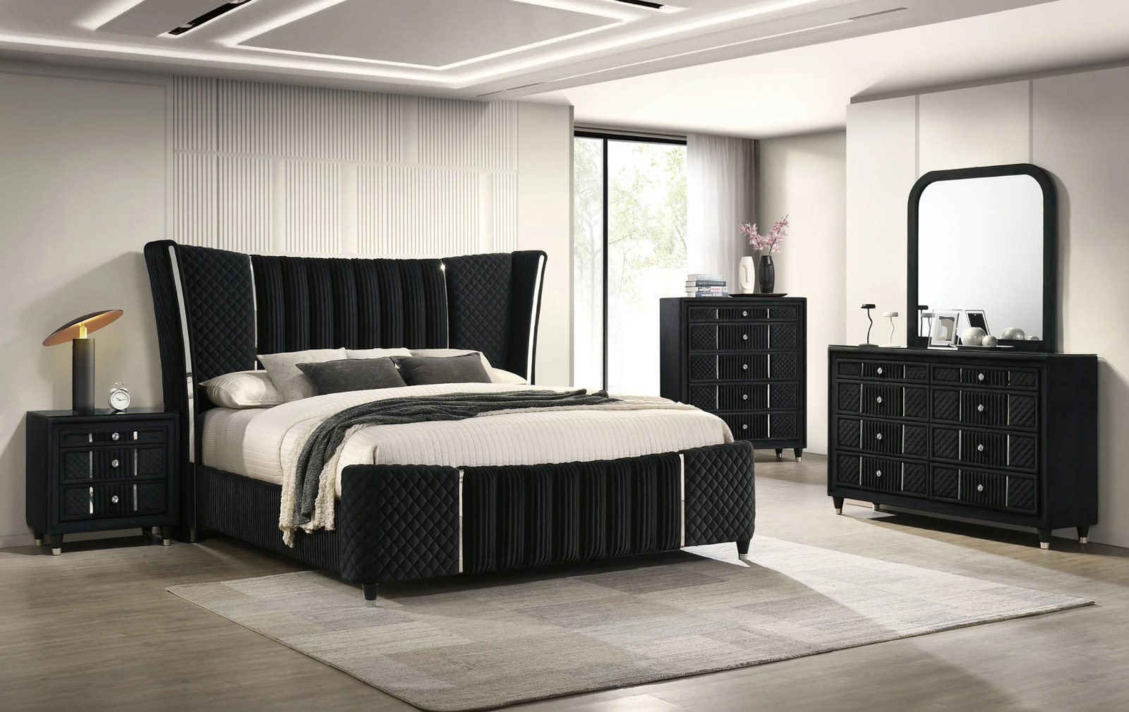 Armany Black Velvet Queen Bedroom Set