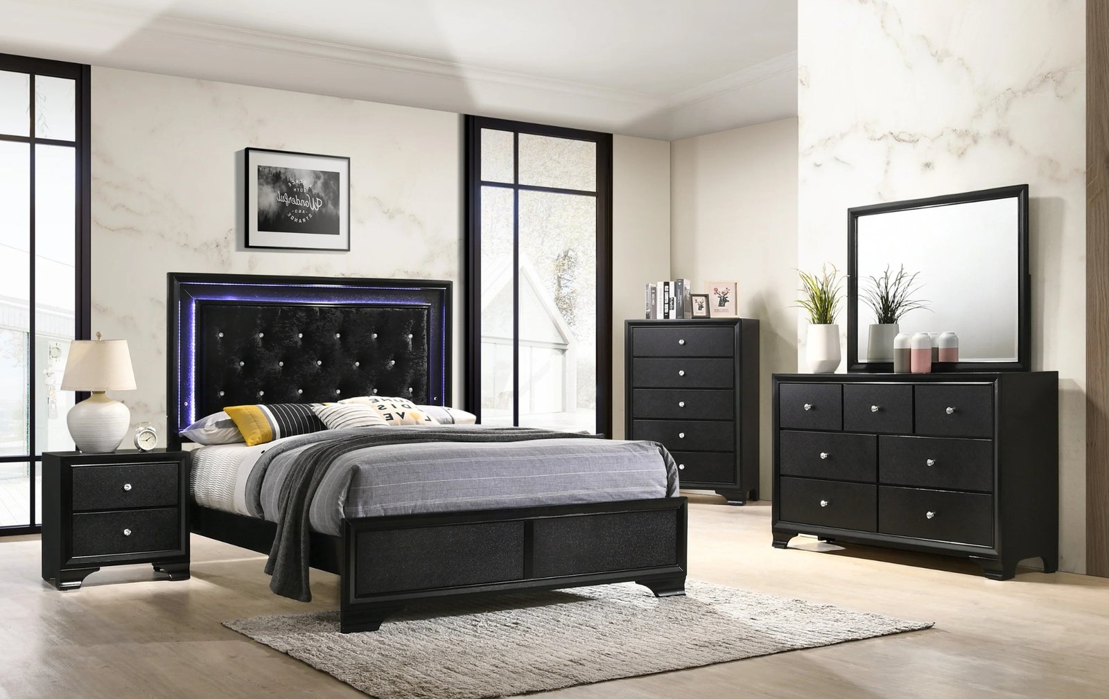 Micah Black LED Upholstered Queen Bedroom Set