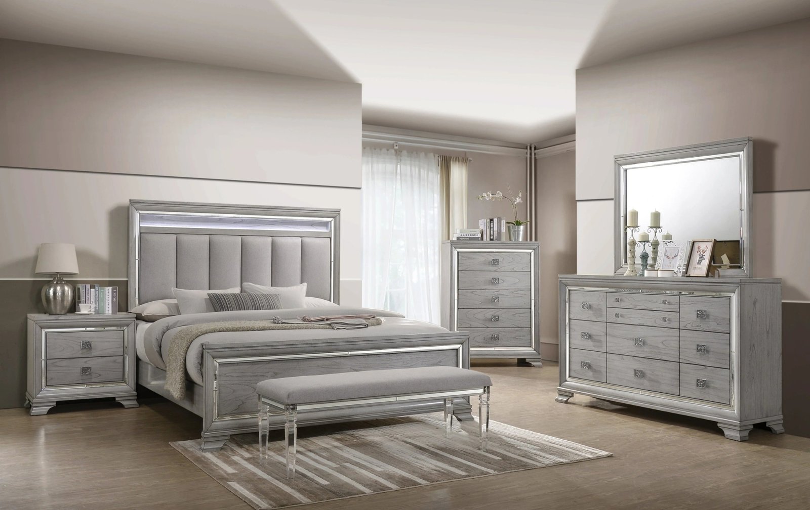 Vail Silver Queen LED Upholstered Queen Bedroom Set