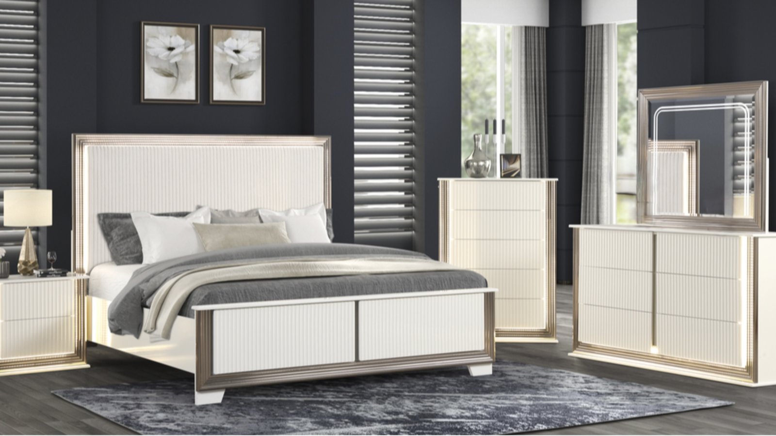 White & Gold Glam Queen Bedroom Set