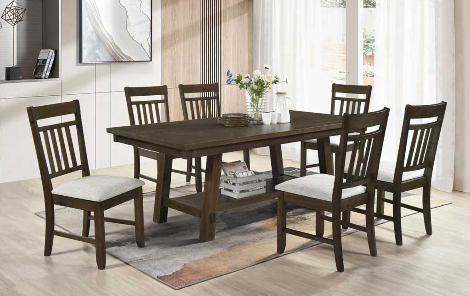 Dark Wood Slat Back 7-Piece Dining Set