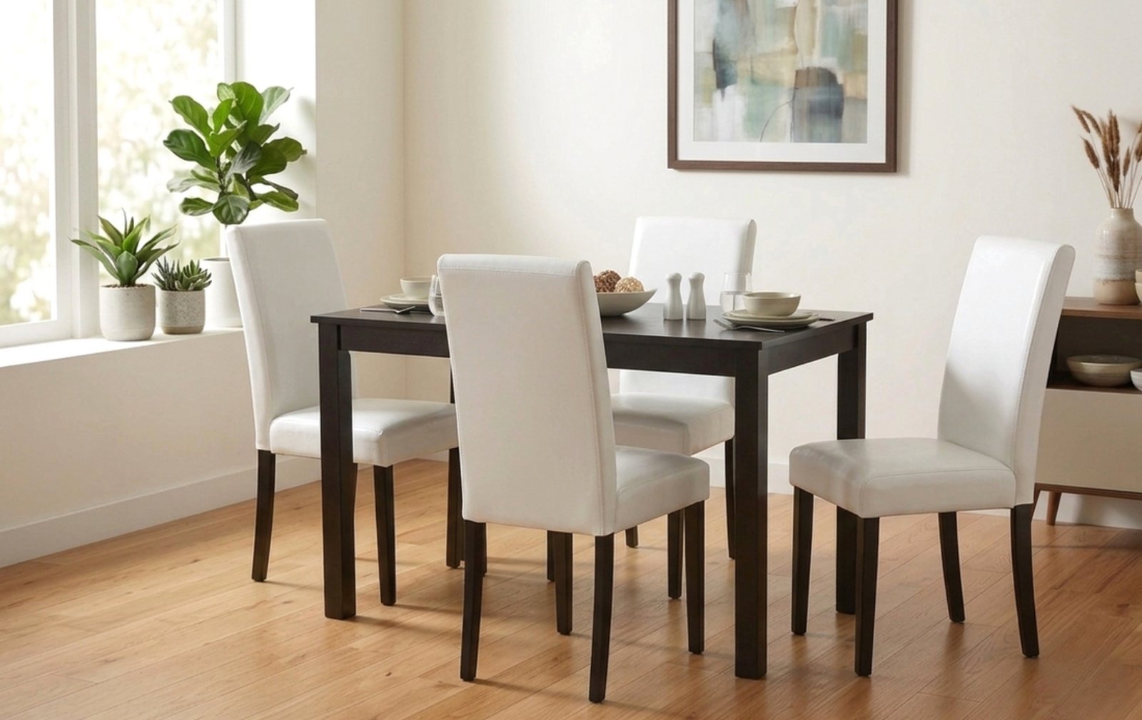 Dark Wood White Upholstered 5-Piece Dining Set