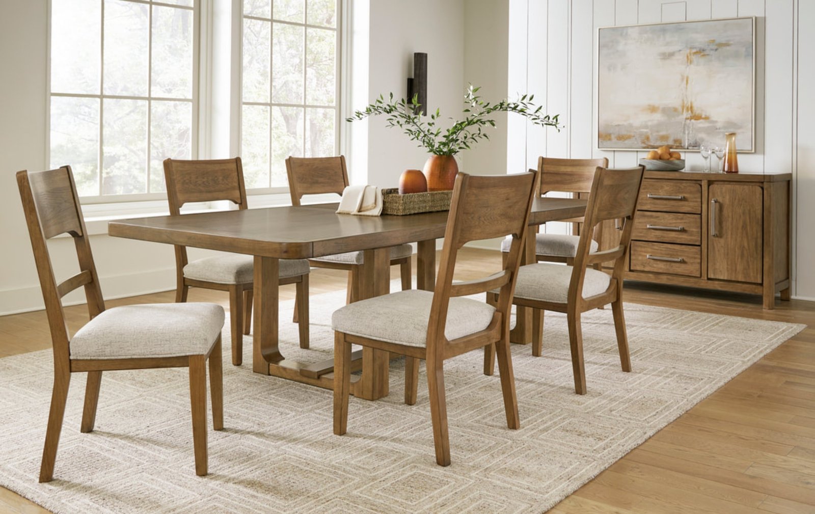 Natural Wood Upholstered 7-Piece Dining Set