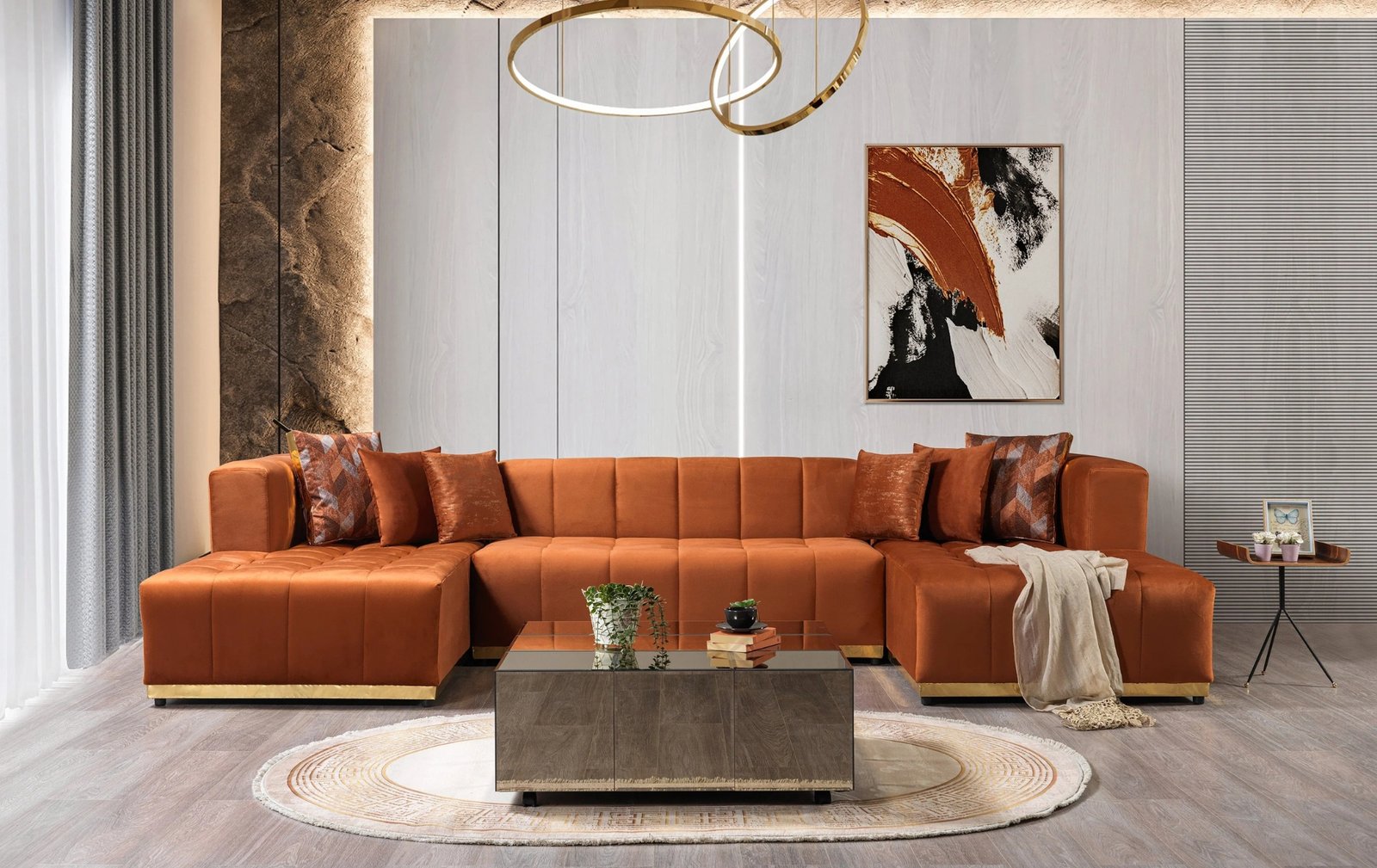 Elisha Orange Velvet Double Chaise 140" Sectional