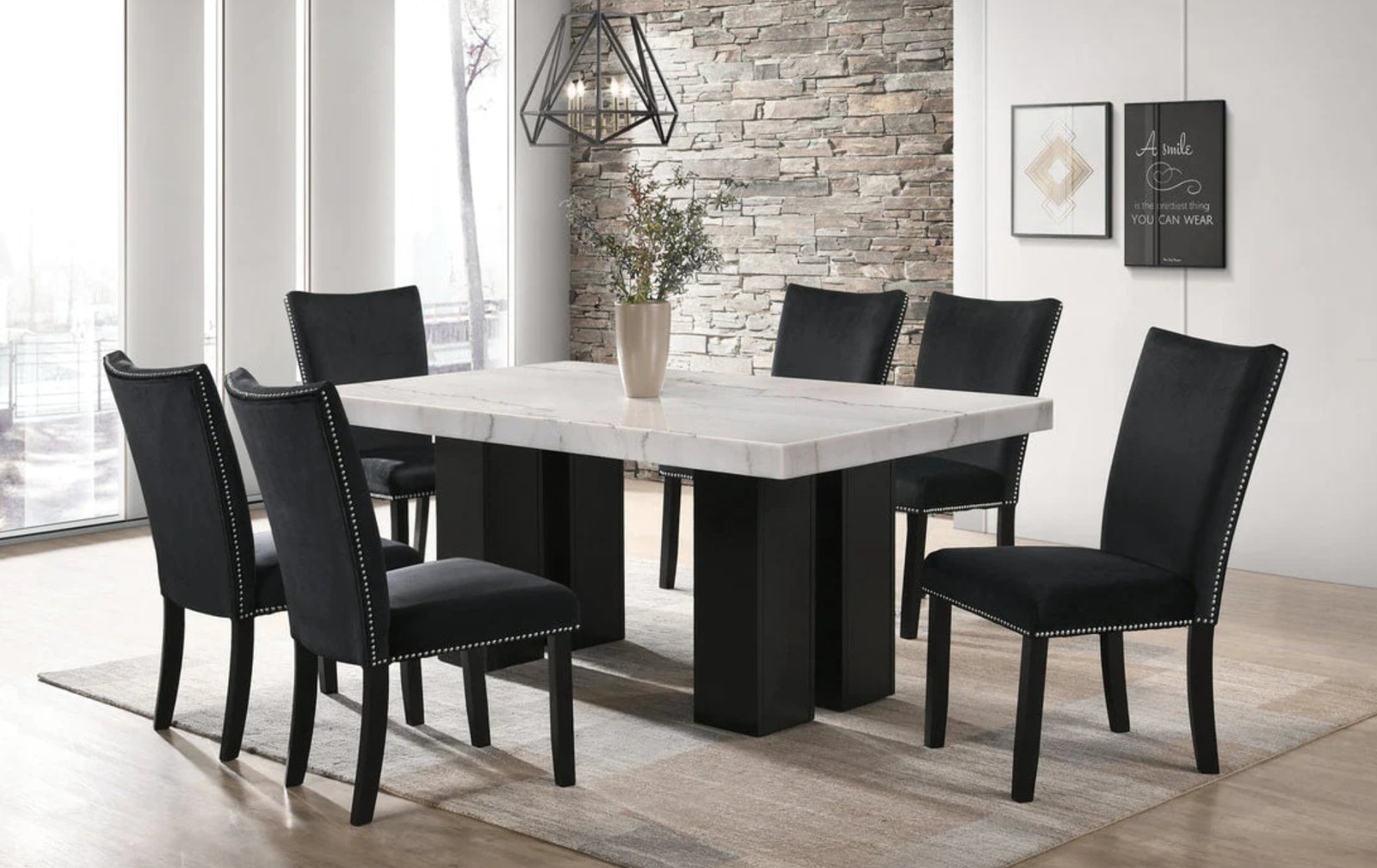 Finland Black Real Marble 7-Piece Dining Set