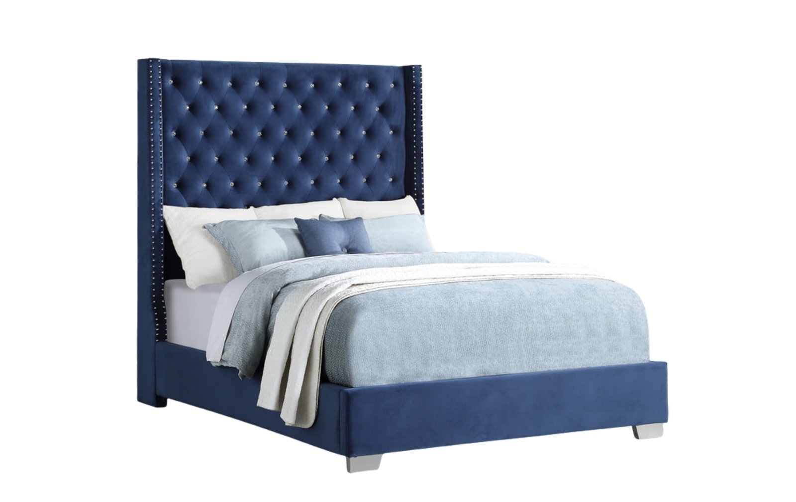 Blue Velvet Wingback Queen Bed