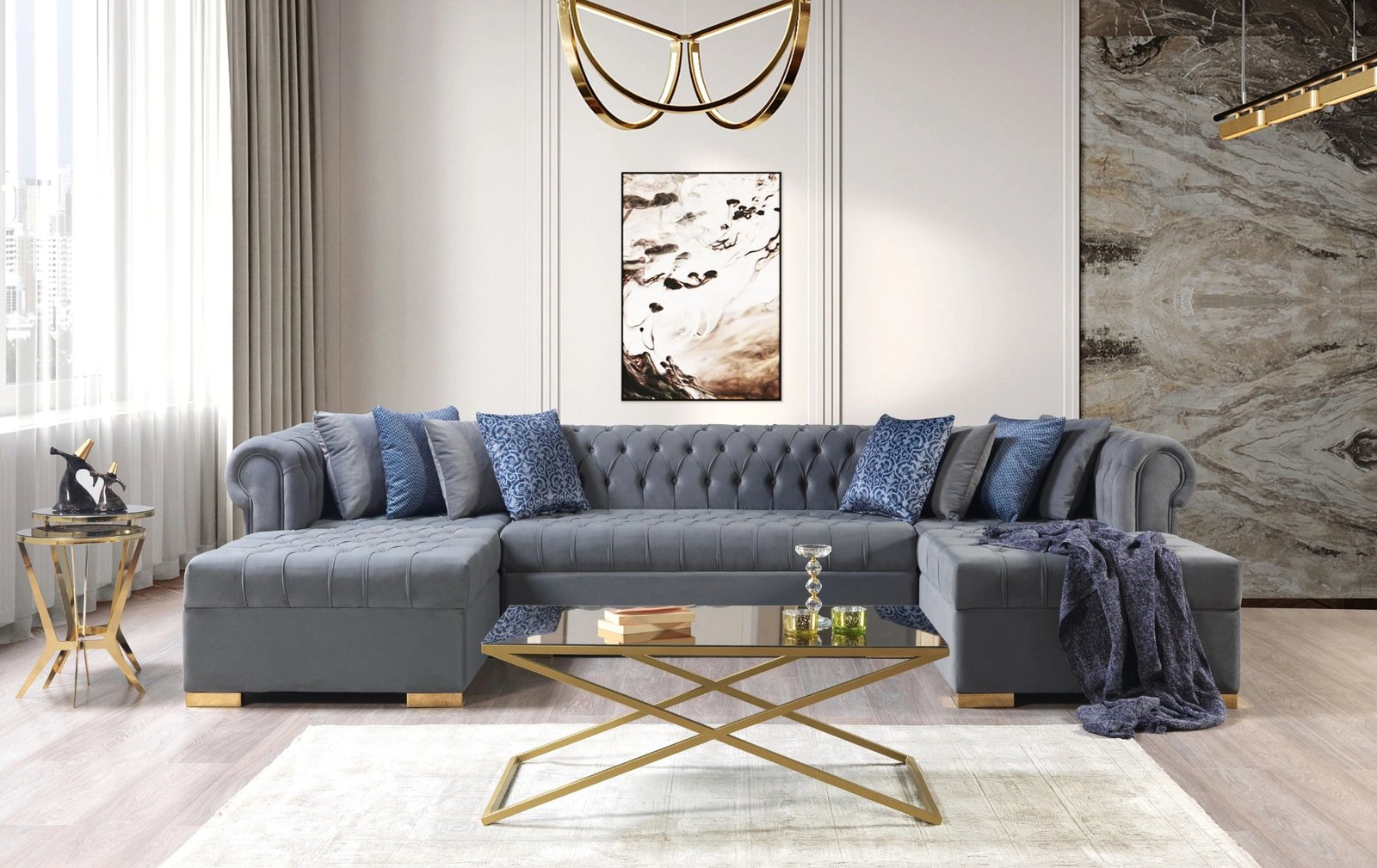 Lauren Gray Velvet Double Chaise 136" Sectional