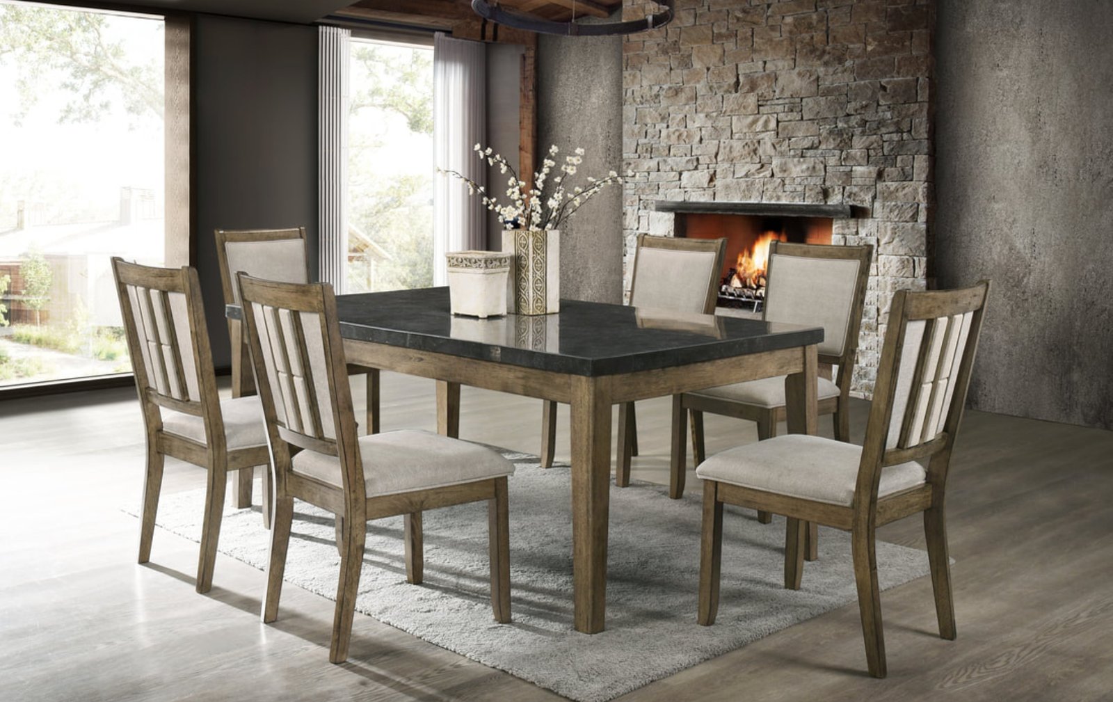Lola Black Real Marble 7-Piece Dining Set