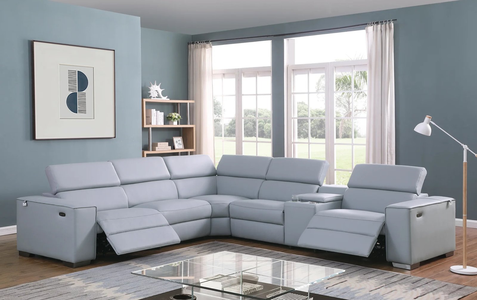 Picasso Light Blue 6pc Sectional W/ Power Recliners