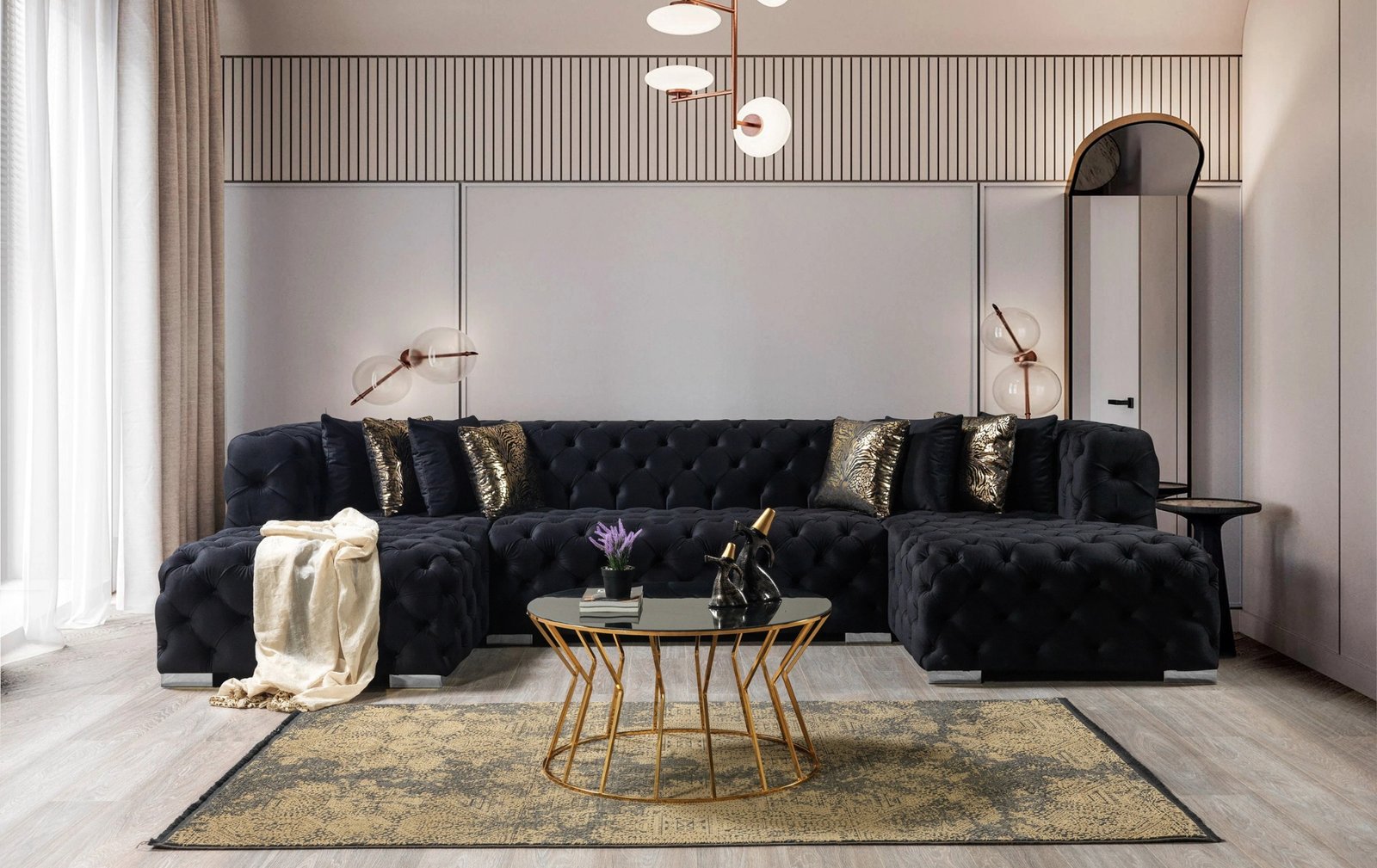 Neva Black Velvet Double Chaise 138" Sectional
