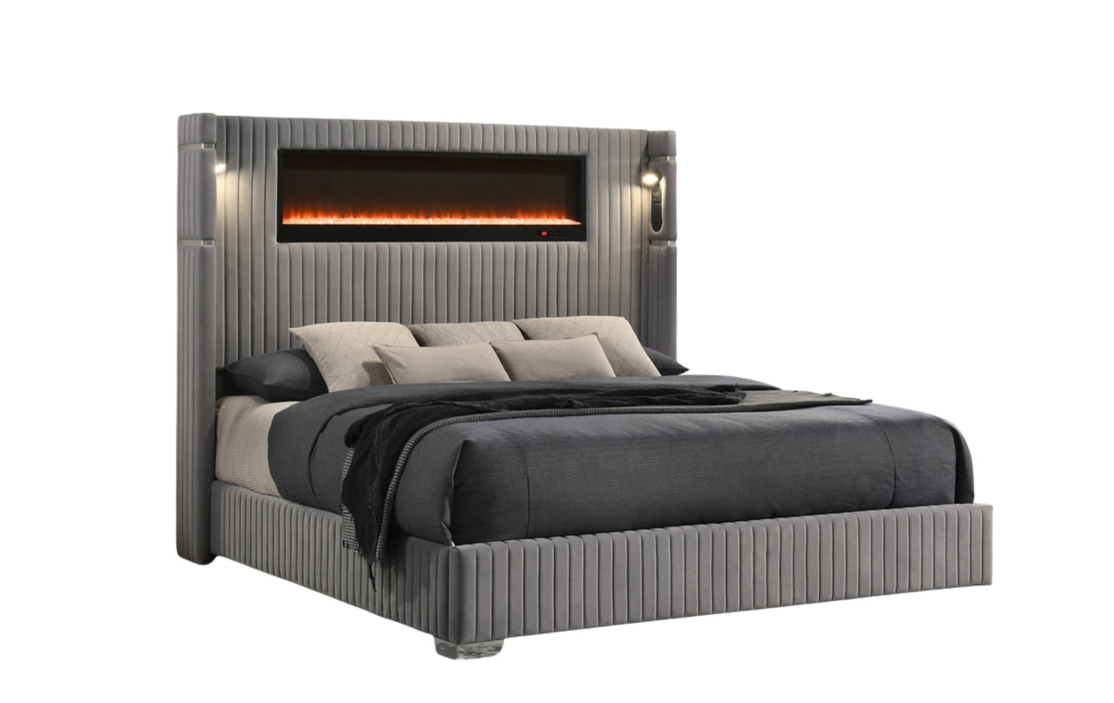Romance Gray LED Fireplace Queen Platform Bed