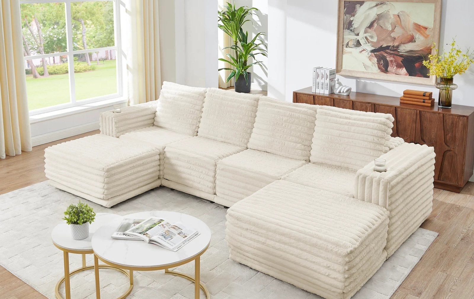 Nuve Cream 6pc Sectional W/ Cupholders