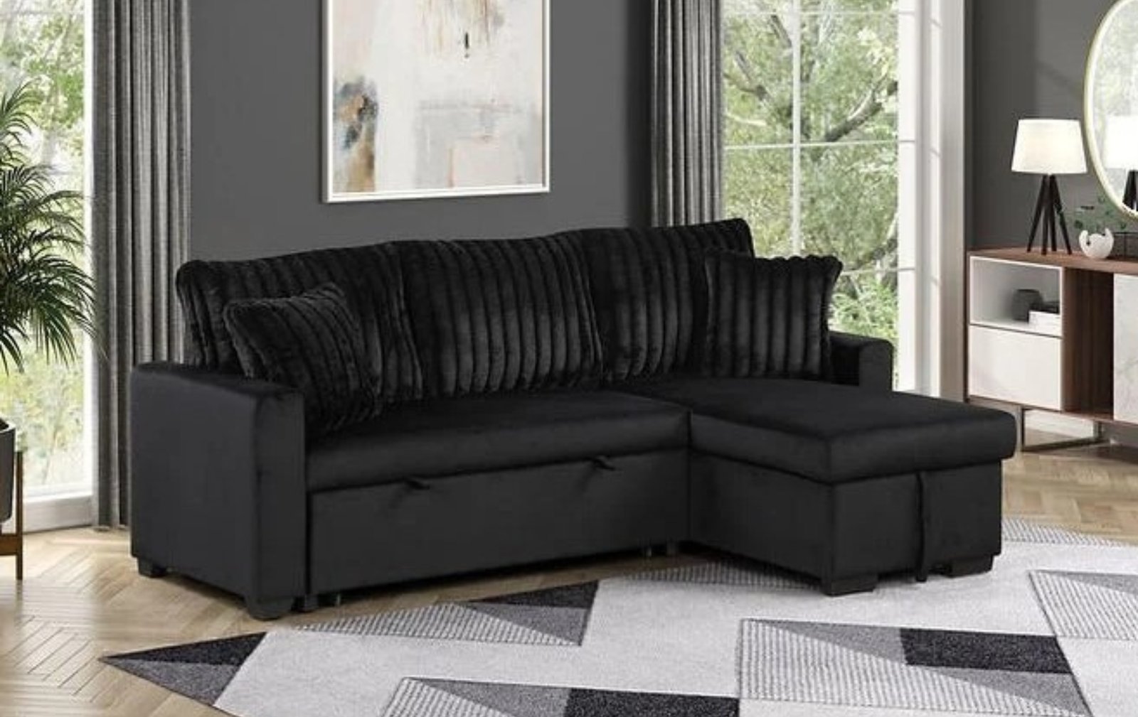 Nori Black Sectional W/ Pull-Out Bed & Storage Chaise
