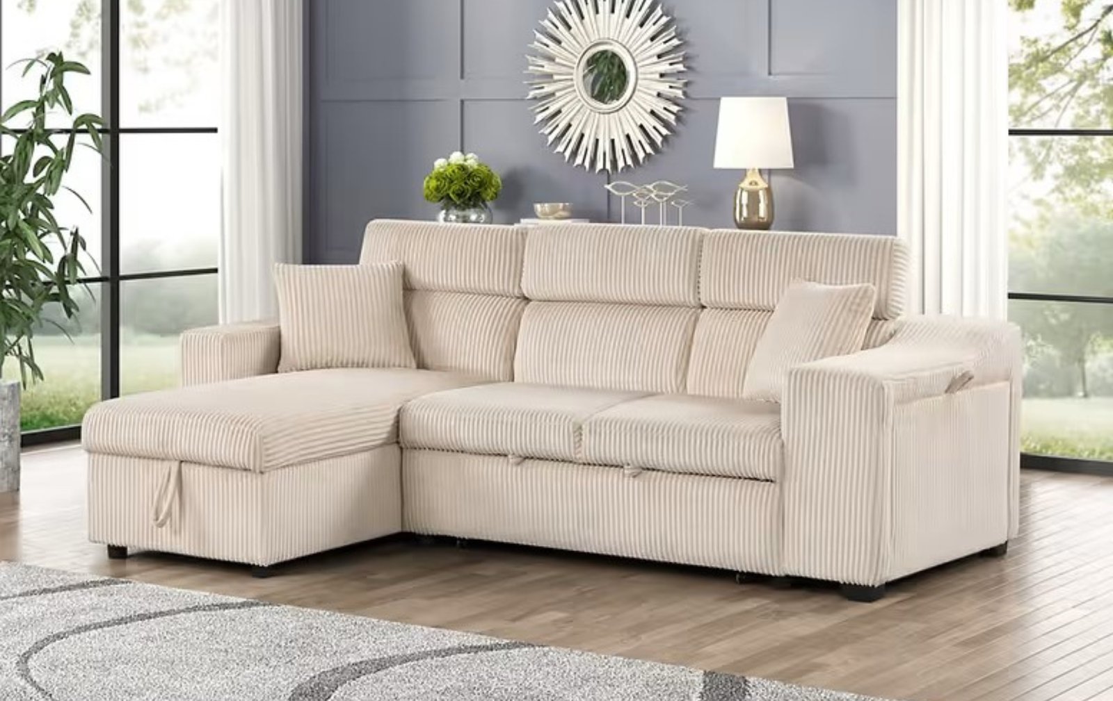 Bonaterra Beige Sectional W/ Pull-Out Bed & Storage Chaise