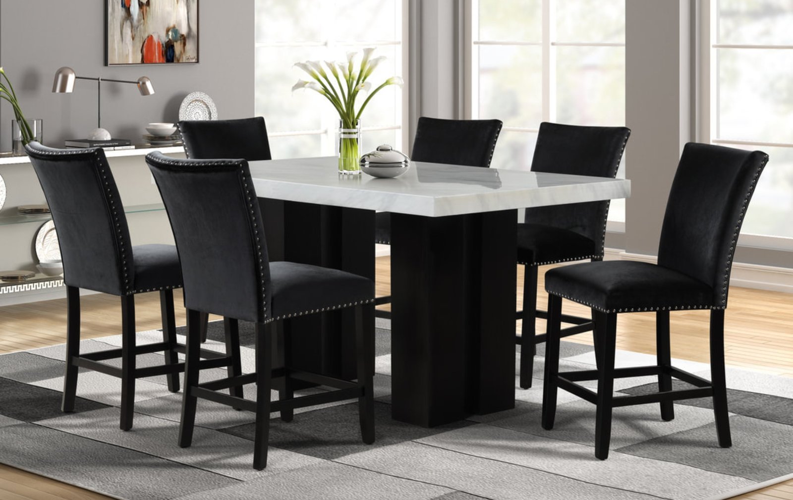 Modern Black Nailhead Counter Height 7-Piece Dining Set