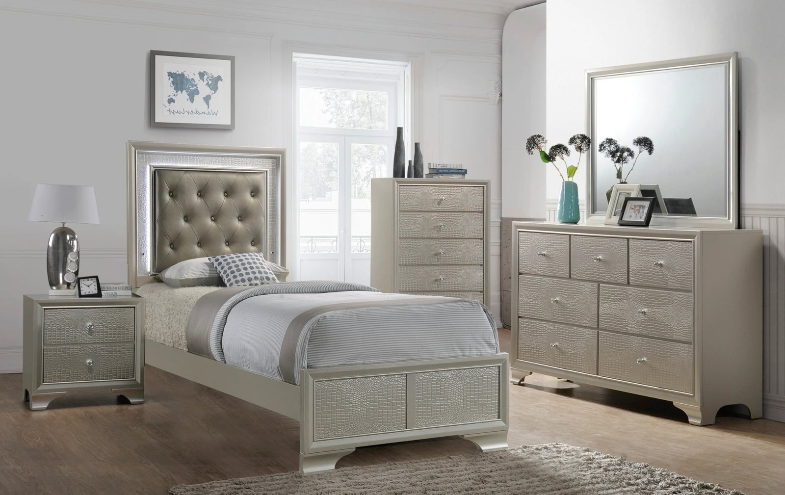 Lyssa Silver LED Upholstered Panel Twin Bedroom Set