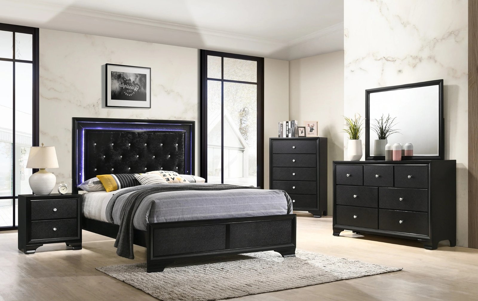 Micah Black LED Upholstered Panel Full Bedroom Set