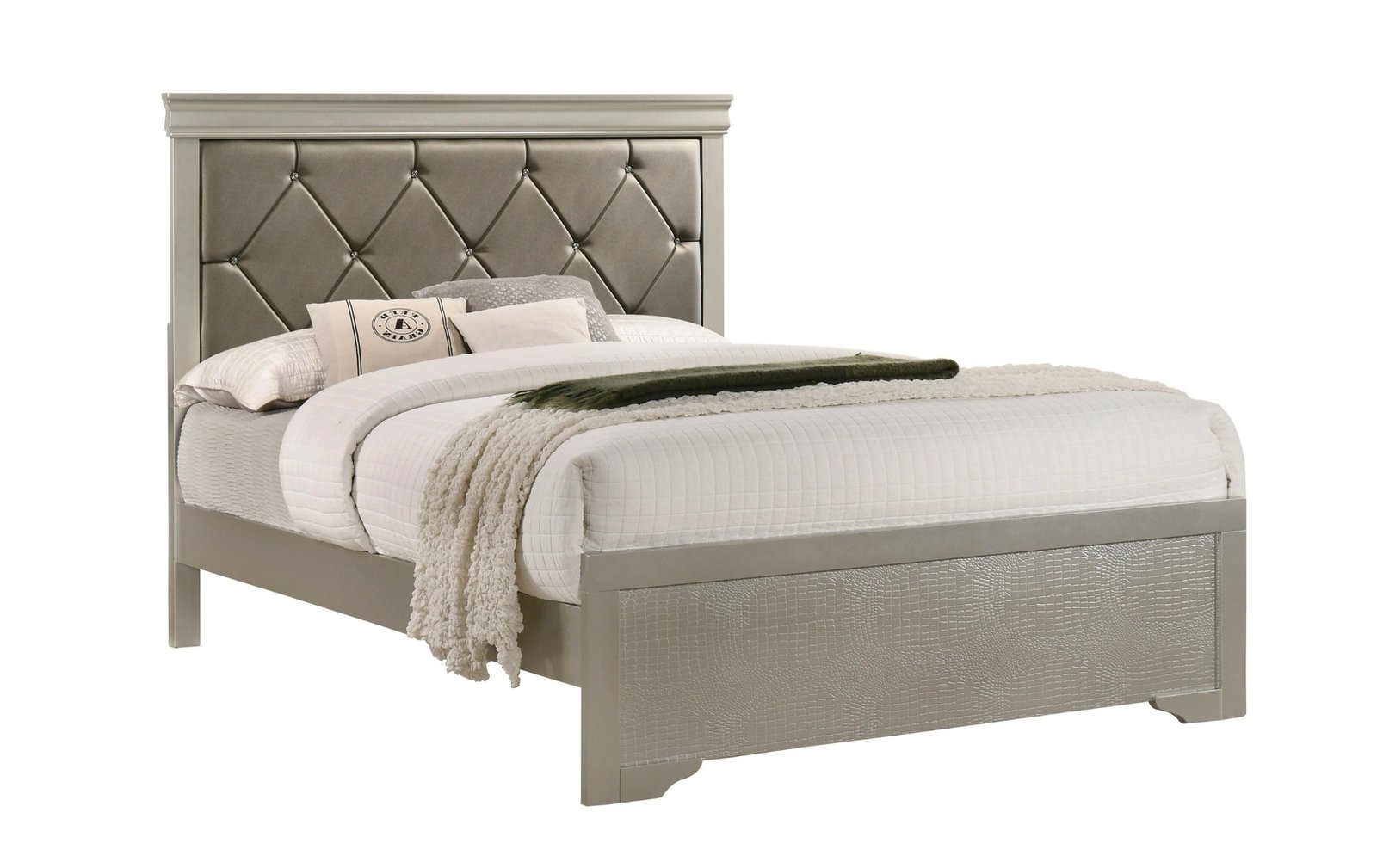 Amalia Silver Panel Bed with Upholstered Headboard