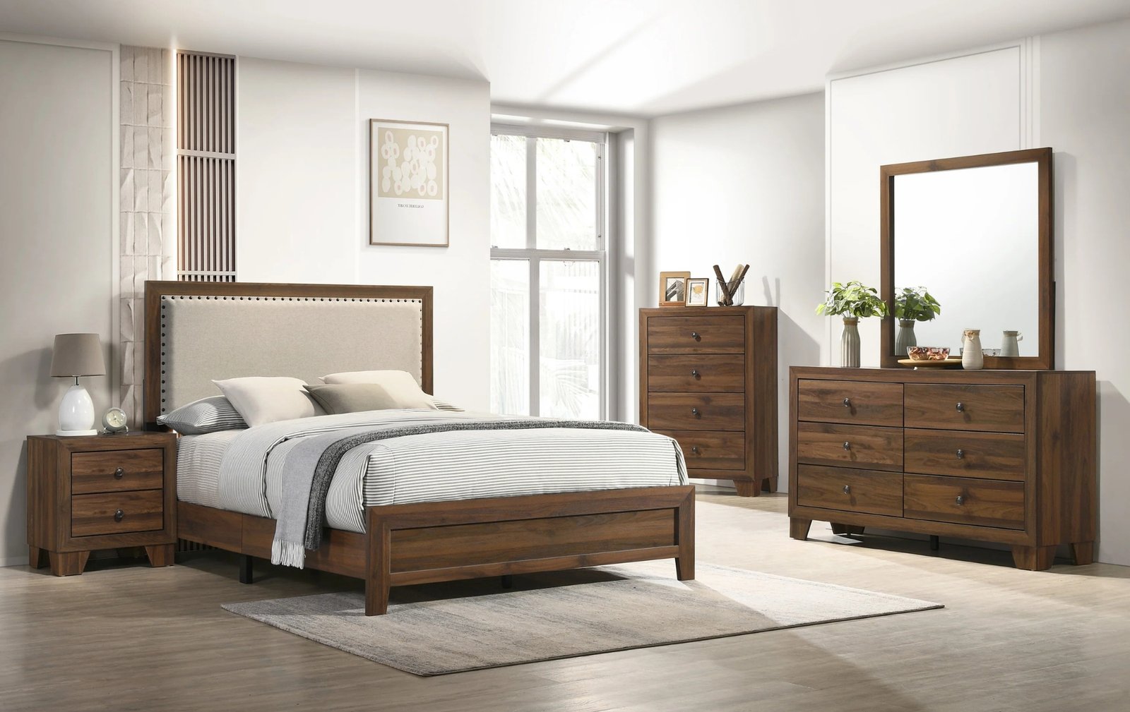 Mille Cherry Brown Upholstered Full Bedroom Set