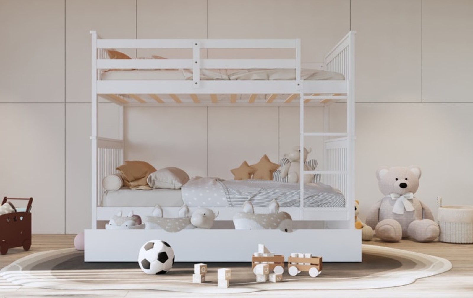 Space-Saving White Bunk Bed with Trundle