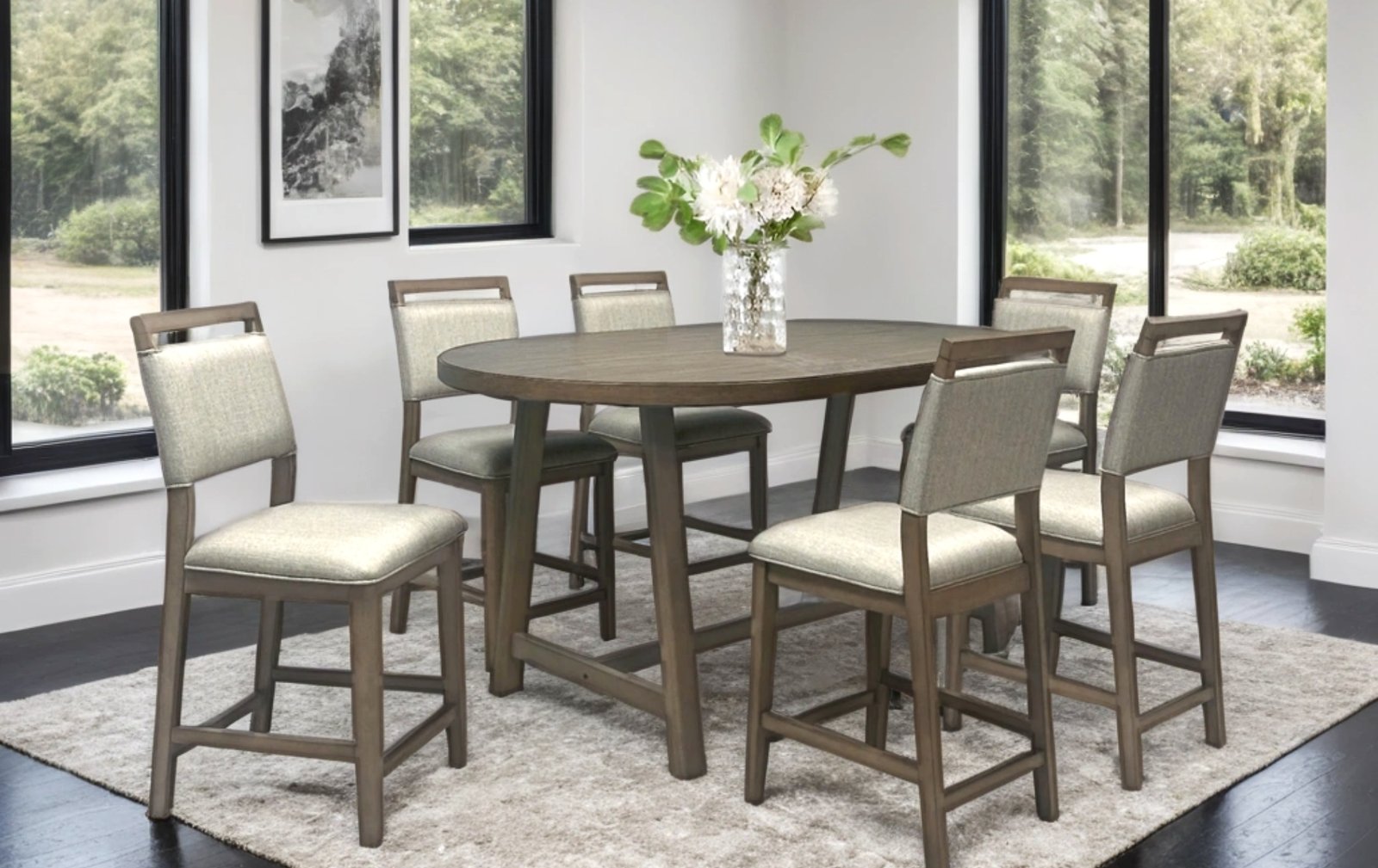 Round Gray Upholstered Counter Height 7-Piece Dining Set