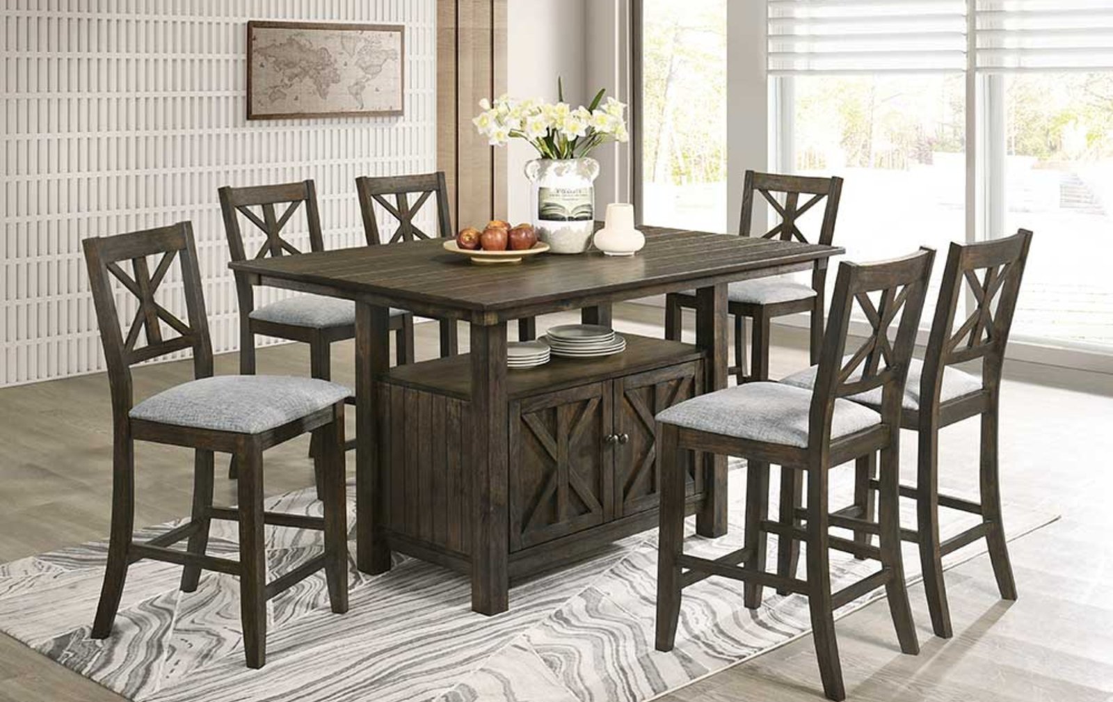 Rustic Brown X-Back Counter Height 7-Piece Dining Set